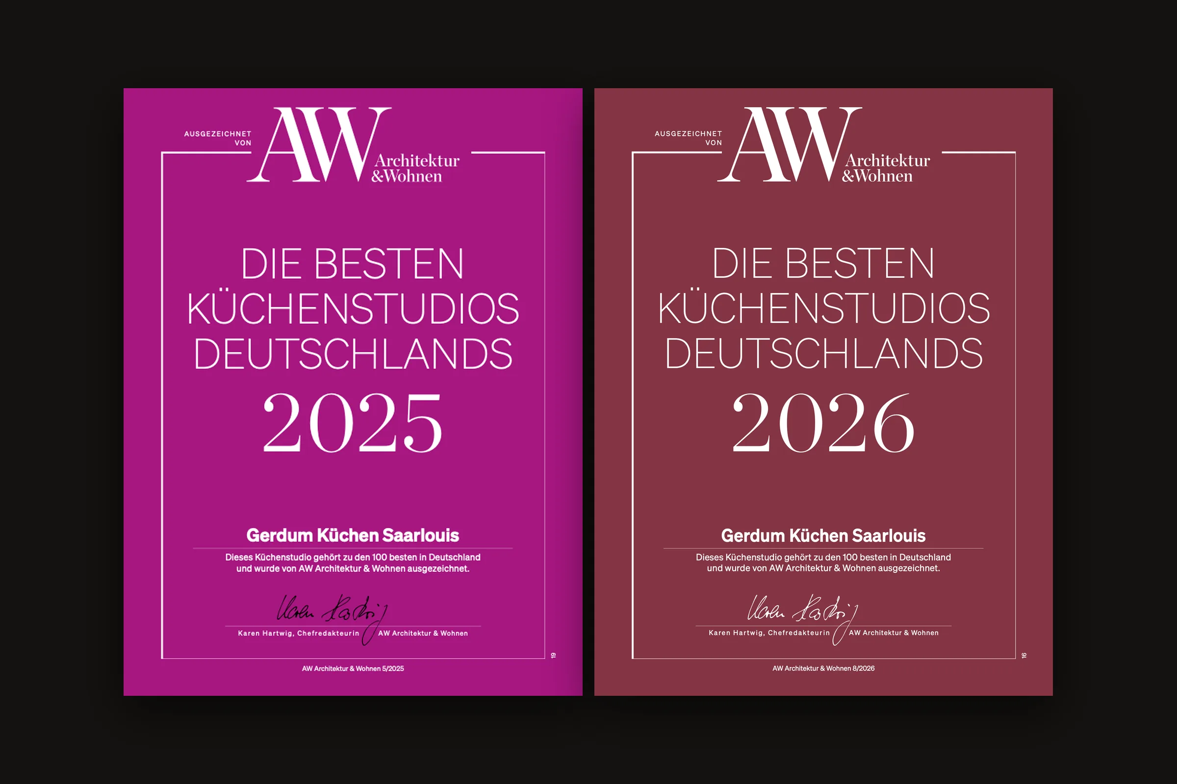 Die Urkunden von A&W Architektur & Wohnen 2025 und 2026 nebeneinander: Die besten Küchenstudios Deutschlands, Gerdum Küchen Saarlouis